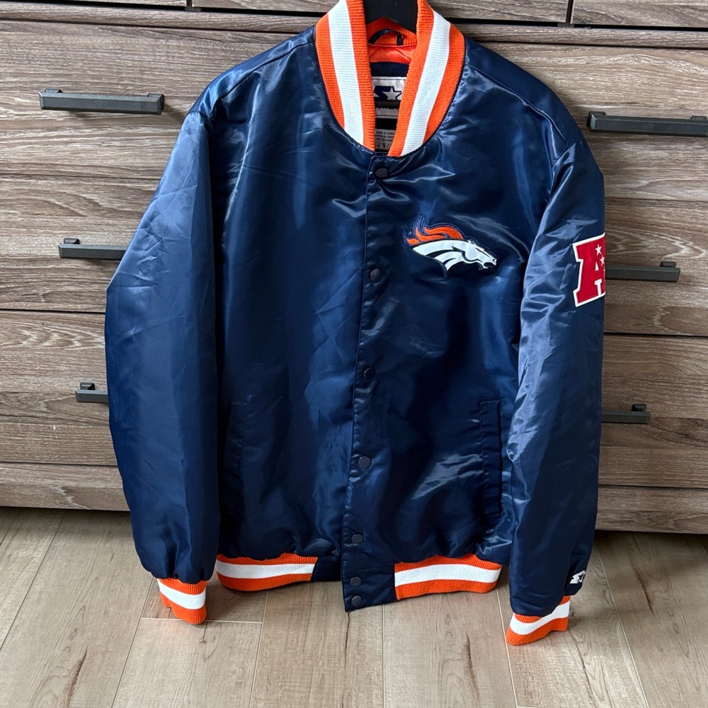 STARTER Denver Broncos Satin NFL Bomber Jacket with Team Logos